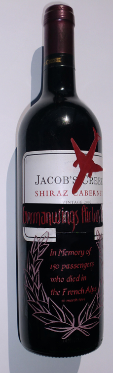Crashed Germanwings Airbus A320 engraved on Jacob's Creek Cabernet