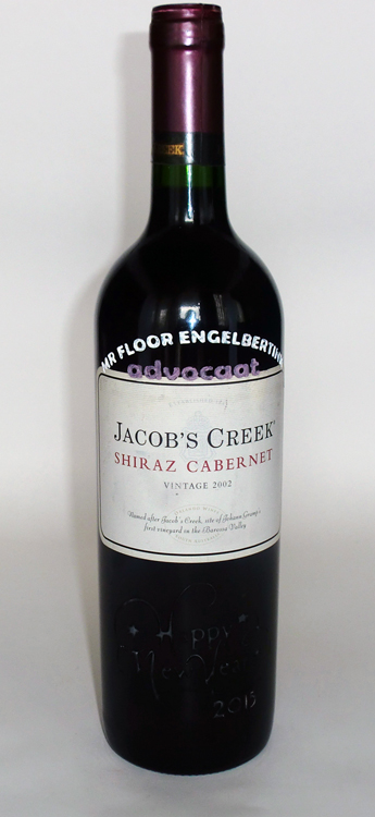 Happy New Year engraved on Jacob's Creek Cabernet
