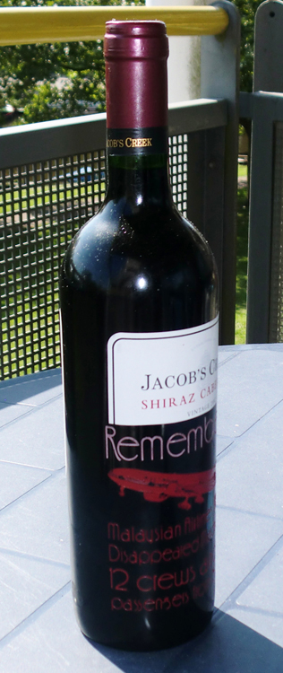 Malaysian Flight Disappeared engraved on jacob's creek Cabernet